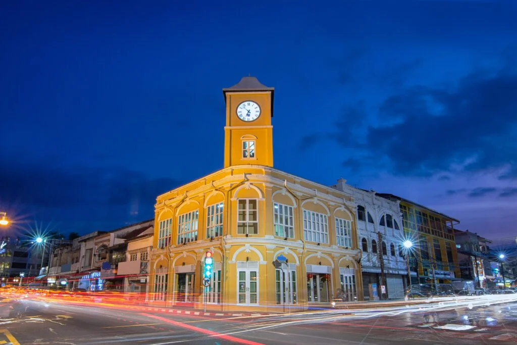 Landmark chino-portuguese clock tower in phuket old town, Thailand.